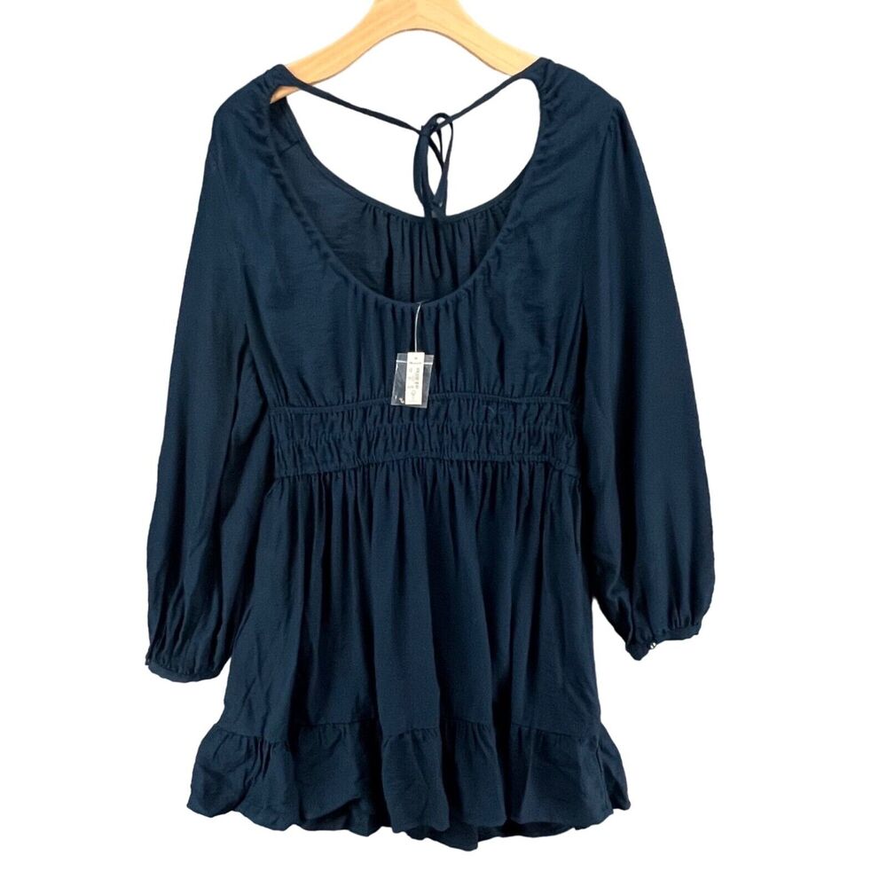 Madewell Sophia Open Back Mini Dress L Blue Fit Flare Shirred Soft Twill Boho - Picture 4 of 14